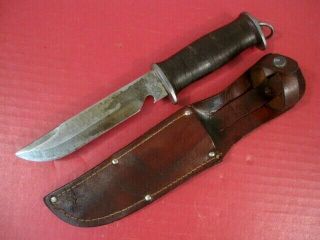 Wwii Era E.  G.  Waterman Egw Fighting Knife W/leather Handle & Leather Scabbard 1