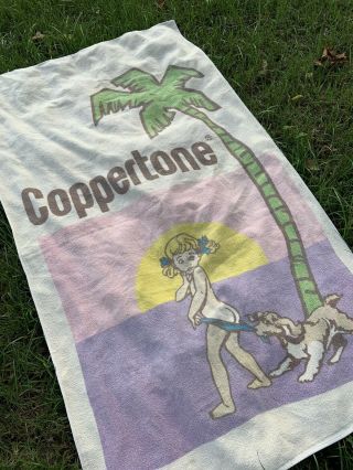 Vintage 70’s Coppertone Sun Tan Lotion Beach Towel Dont Be A Place Face Tanning