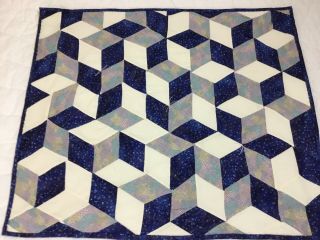 Patchwork Quilt Table Topper,  Wall Quilt,  Tumbling Blocks,  Diamonds,  Blue,  Multi