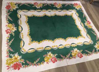 Vintage Rectangle Tablecloth,  Cotton,  Printed Flower & Leaf Design,  Green,  White