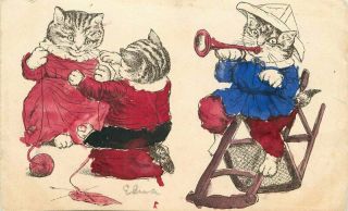 C1905 Hand Made Painted Playful Cats Yarn Trumpet By Edna Postcard