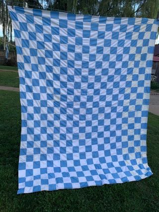 Vintage Machine Quilted Hand Tied Blue & White Double Knit Patchwork Quilt
