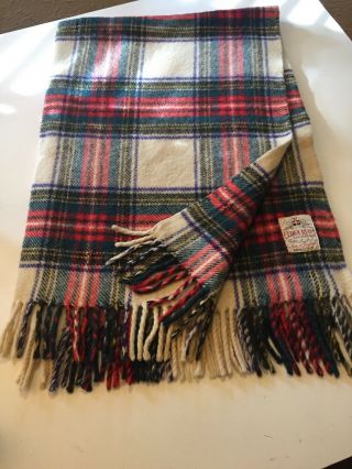 Made In England Stewart Plaid Vintage Wool Blanket Or Throw Red Green Cream 51”