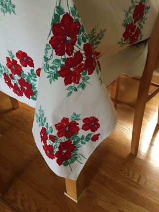 Vintage Cotton Tablecloth Red Hibiscus Flowers 65”x54”