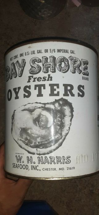 Vintage Gallon Bay Shore Brand Oyster Tin Can W H Harris Chester Md