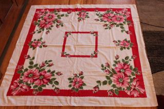 Vintage Startex Cotton Tablecloth With Red And Pink Roses And Ribbons 48 " X 50 "