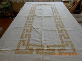 Vintage Large All Linen Hand Embroidered Cross Stitch Ivory Tablecloth 66x100 "