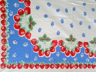 Vintage Tablecloth Strawberries Vivid Color Fruit 46x50 Red White Blue 40s 50s