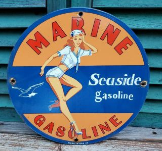 Vintage Seaside Marine Gasoline W/ Pin Up Girl 11 3/4 " Porcelain Metal Oil Sign