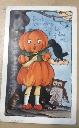 Pumpkin Girl With Black Crow On Halloween Postcard C1912 Whitney