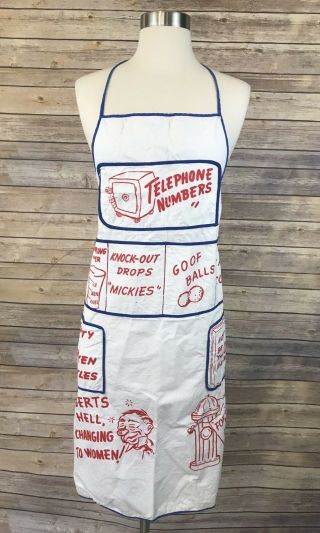 Vintage Full Apron In White,  Blue,  Red