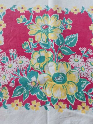 Vintage Cotton Tablecloth Floral Red Green Yellow Lilies Daisies Lotus 54 X 72