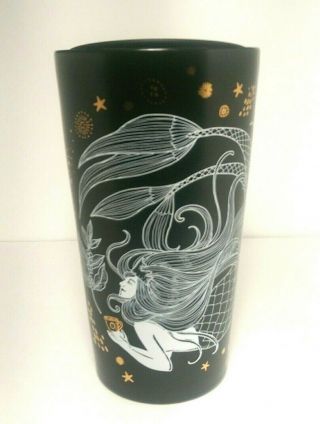 Starbucks Holiday Siren Mermaid Travel Mug Ceramic Cup 12oz Black Gold Lid