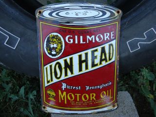 Old Vintage Gilmore Lion Head Motor Oil Can Porcelain Enamel Gas Pump Sign