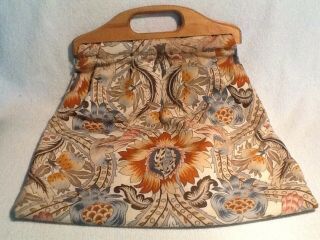 Vintage Knitting Sewing Bag Wood Handles Orange Floral Cotton Fabric Handmade