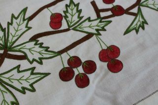 Vintage White Cotton Tablecloth 56x58 Embroidered Cherries & Branches,  Runner