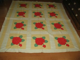 Vintage Hand Stitched Quilt W Appliqued Red Roses With Yellow And Green Cutter