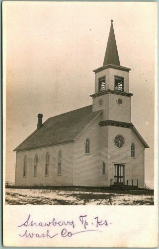 Strawberry,  Kansas Rppc Real Photo Postcard Church Building View C1910s