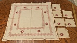 Vintage Linen Embroidered Square Tablecloth With 6 Matching Napkins