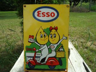 Old Vintage Esso 2 - Stroke Motor Oil Gasoline Porcelain Enamel Gas Pump Sign