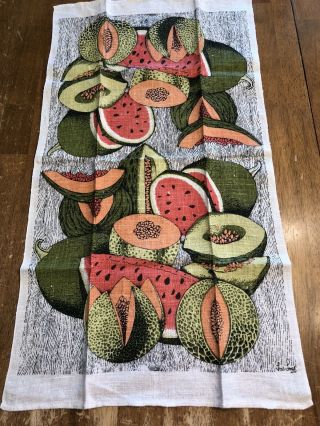 Vintage Lois Long Linen Tea Towel Melons Watermelon Cantaloupe Honey Dew 16 X 29
