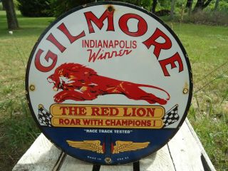 Vintage Old 1952 Gilmore Gasoline " The Red Lion " Porcelain Enamel Gas Pump Sign