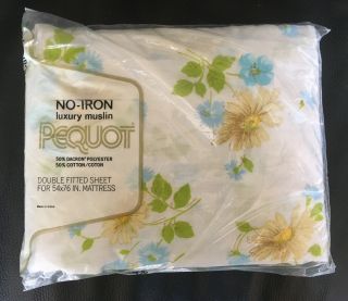 Vtg 1970s Pequot Fine Muslin Cotton Floral Full Double Fitted Sheet Dead Stock
