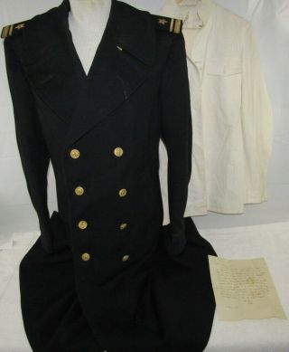 Named Ww2 Usn Officer Ltjg Black Wool Overcoat/white Dress Summer Jacket & Pants