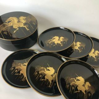 Vintage Gold Unicorn Black Lacquer Coaster Set Japan Otagiri Retro Mid Modern