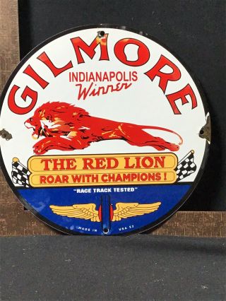 Vintage Marked 1952 Gilmore Gasoline " The Red Lion " Porcelain Gas Pump Sign