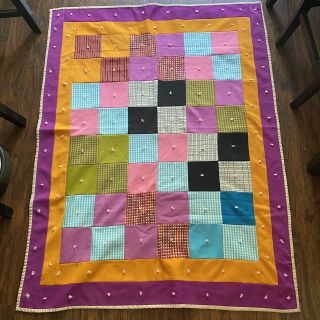 Vintage Handmade Quilt Patchwork Blanket Yellow Purple Squares Paisley 54”x42”