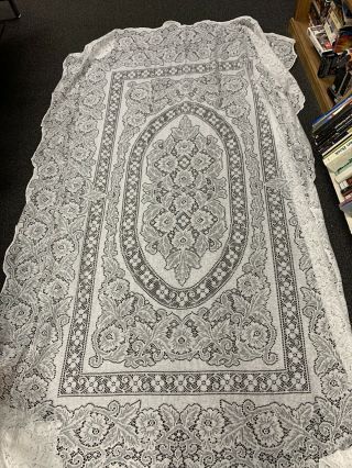 Large Vintage Rectangle Woven White Lace Tablecloth 55 1/2’x 89’ (tt)