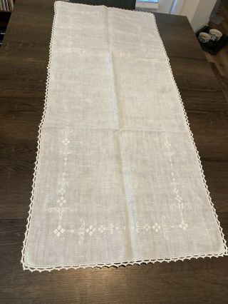 Vintage White Cotton Linen Embroidered Table Runner With Crochet Lace Trim