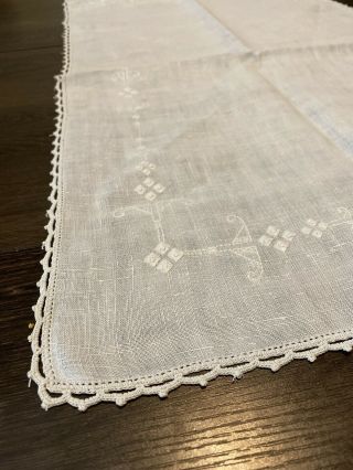 Vintage White Cotton Linen Embroidered Table Runner with Crochet Lace Trim 3