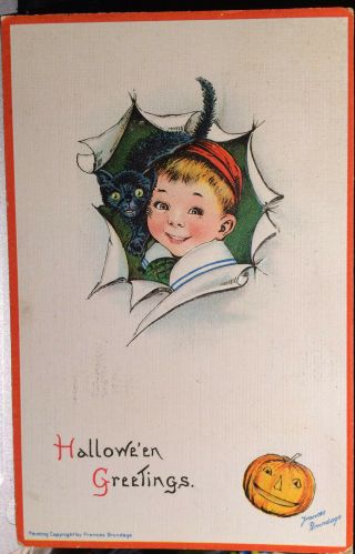 Signed Artist Frances Brundage,  Halloween Post Card 1915 Boy & Black Cat