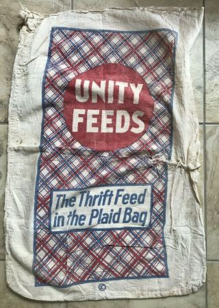 Vintage 100 Lb Unity Feeds Plaid Cotton Sack Fabric Bag 23 " X 36 "