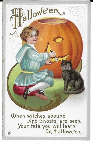 Colorful Embossed Vintage Halloween Postcard,  Boy Carving Pumpkin,  Black Cat 1907