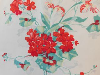 Vintage Fabric Tablecloth Red Geranium Iris Cottage Farmhouse Floral Wilendur