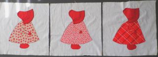 Vintage Sun Bonnet Sue Quilt Squares Set Of 3 In Red Applique Embroidery