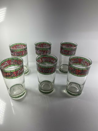 Set Of 6 Coca - Cola Drinking Glass Soda Cup Tiffany Style Stained Clear Coke