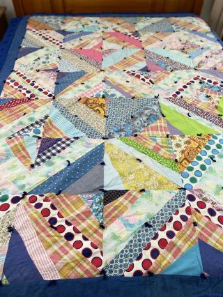 Vintage Handmade Scrappy Squares Quilt 69 " X 88 " Twin Hand Tied 451