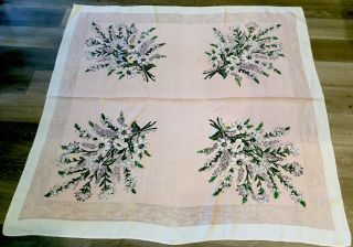 Vintage Tablecloth,  Linen,  Spring Flower Bouquet,  Light Pink,  Grey,  Green,  White