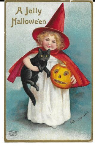 Ellen Clapsaddle " A Jolly Halloween " Postcard,  Little Girl Red Hat,  Black Cat 1909