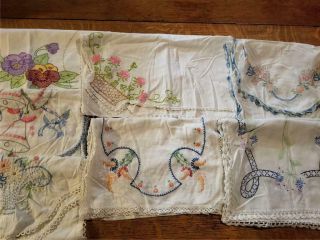 7 Vintage Hand Embroidered Cotton Table Runner Dresser Scarves Shabby Cottage F