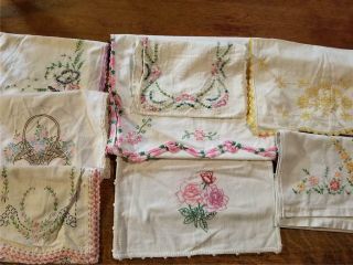 8 Vintage Hand Embroidered Cotton Table Runner Dresser Scarves Shabby Cottage E