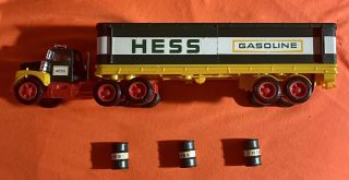 Vintage 1977 Hess Toy Truck Fuel Oil Tanker And 3 Barrels Sliding Doors