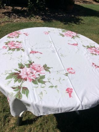 Vtg 1950’s Square Tablecloth Pink Roses & Birds Cotton No Stains 44x49 " Cottage