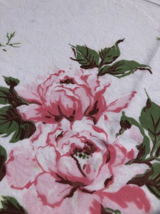 Vtg 1950’s Square Tablecloth Pink Roses & Birds Cotton No Stains 44x49 