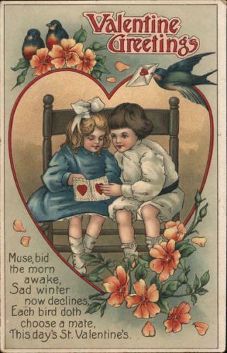 2 Children Sitting On A Bench Looking At A Valentine 
