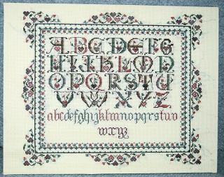 Handmade Cross Stitch Alphabet Sampler Danish Floral & Hearts Pinks Greens 11x14